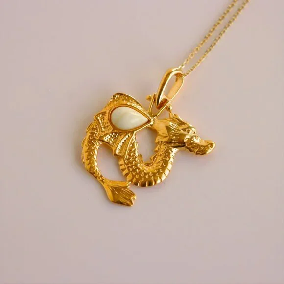 Gold Amber Chinese Dragon Pendant Necklace - Sterling Silver - Picture 3 of 6